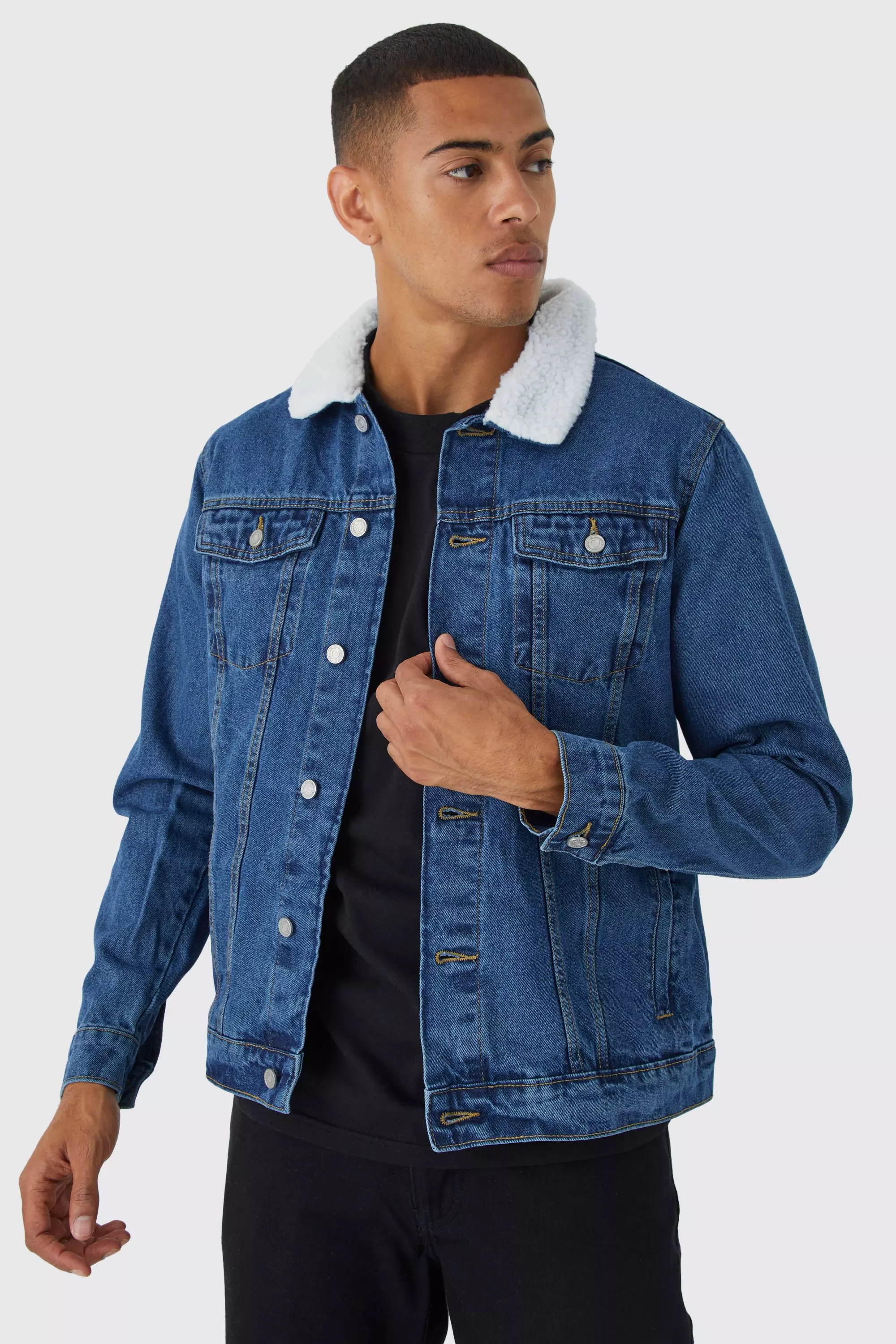 Mens denim jacket borg best sale